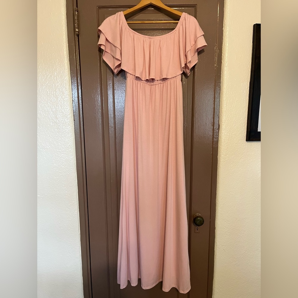 Pinkblush Ruffle Off Shoulder Maternity Maxi Dress Pastel Pink Stretch Pregnancy - Picture 4 of 14